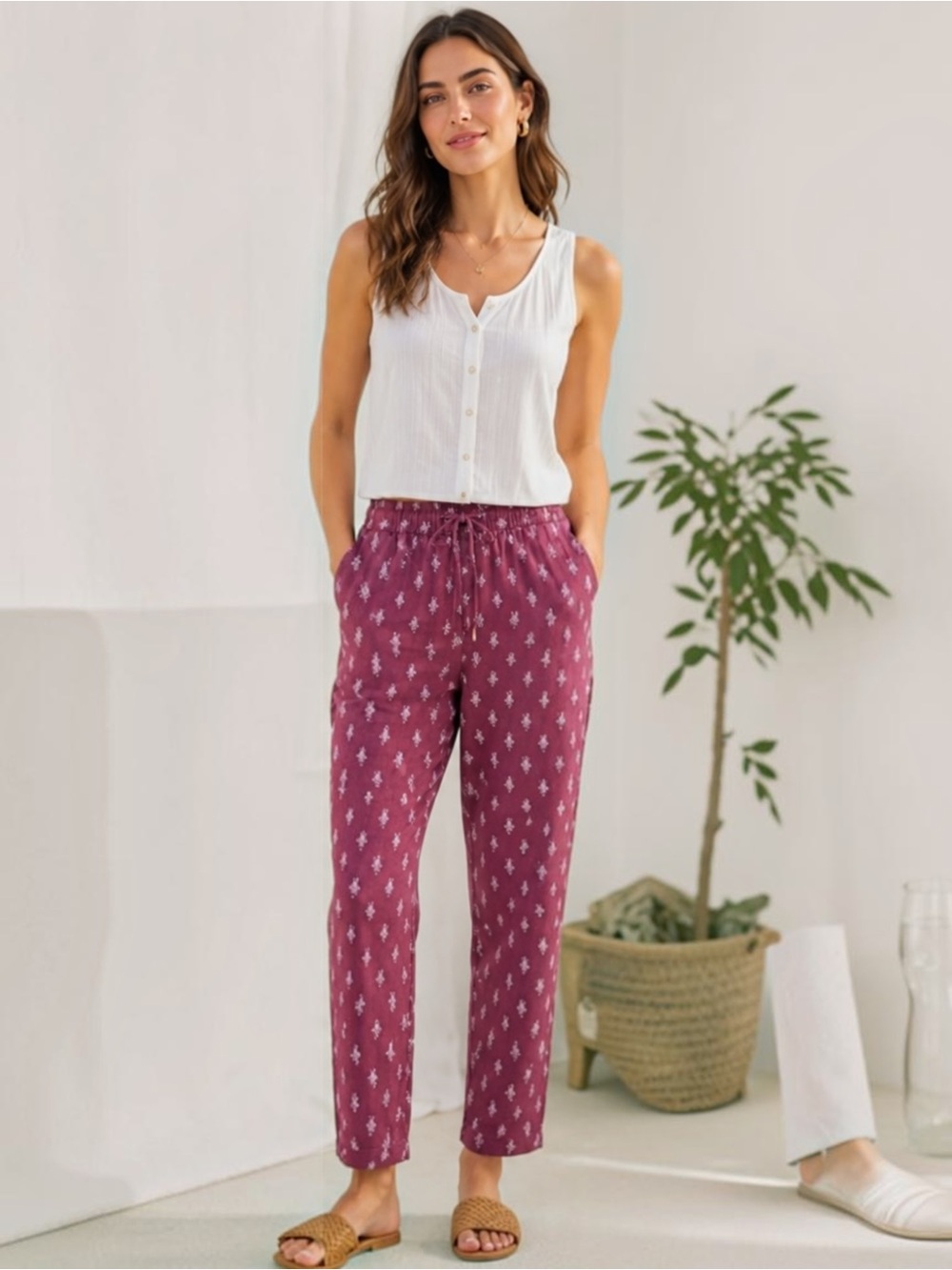 Garnet Hill Maroon Floral Print Stretch Cotton Drawstring Elastic Waist Pants